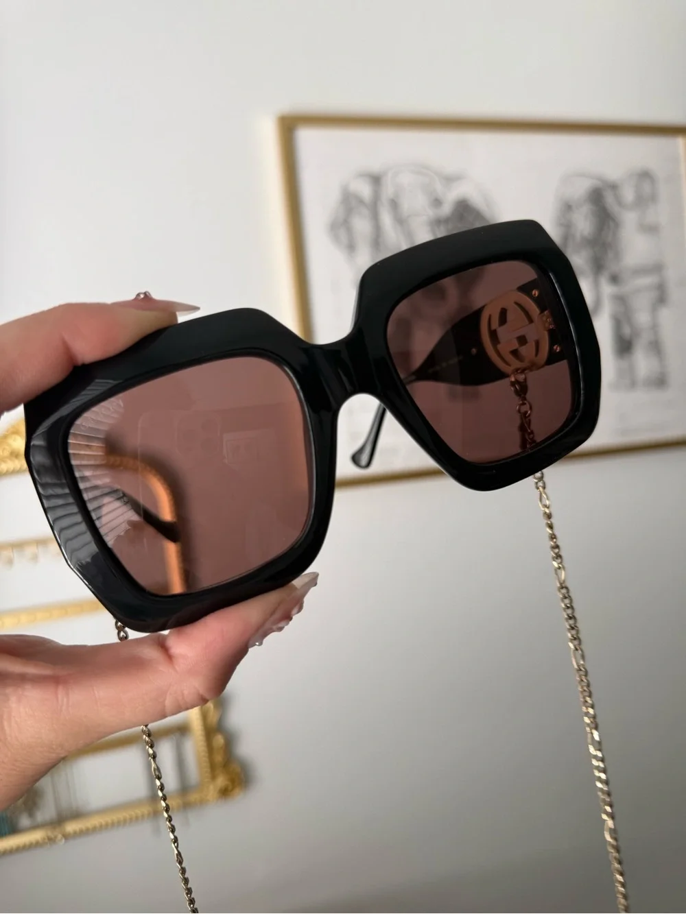 Gucci Black Square Sunglasses with Gold Chain and Brown Lenses